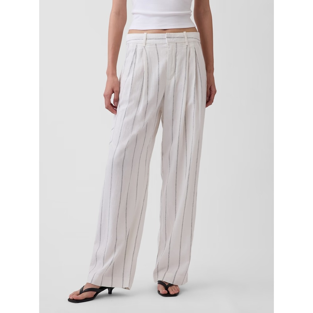 Gap 365 High Rise Linen Blend Trouser Pants White Navy Pinstripe Wide Leg Size 8